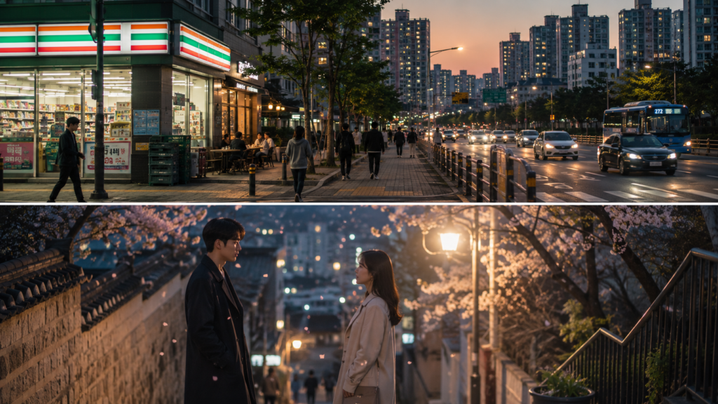 Everyday life in Korea contrasted with a romantic K-drama-style scene