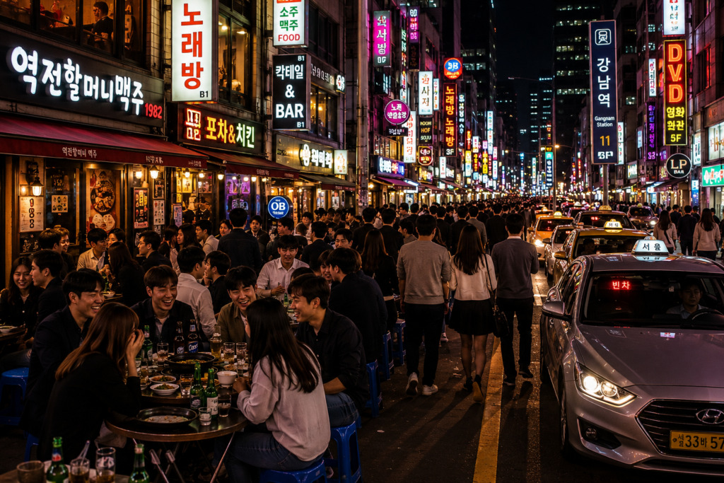 Seoul nightlife in Gangnam with crowded streets late at night