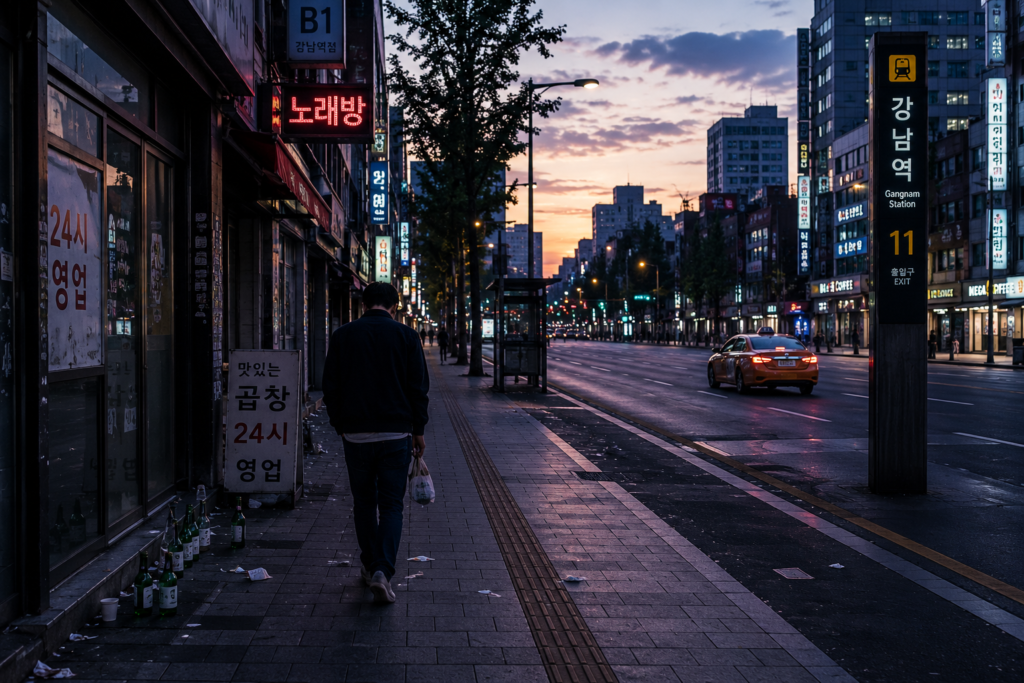 Walking home in Seoul at sunrise after a night out drinking